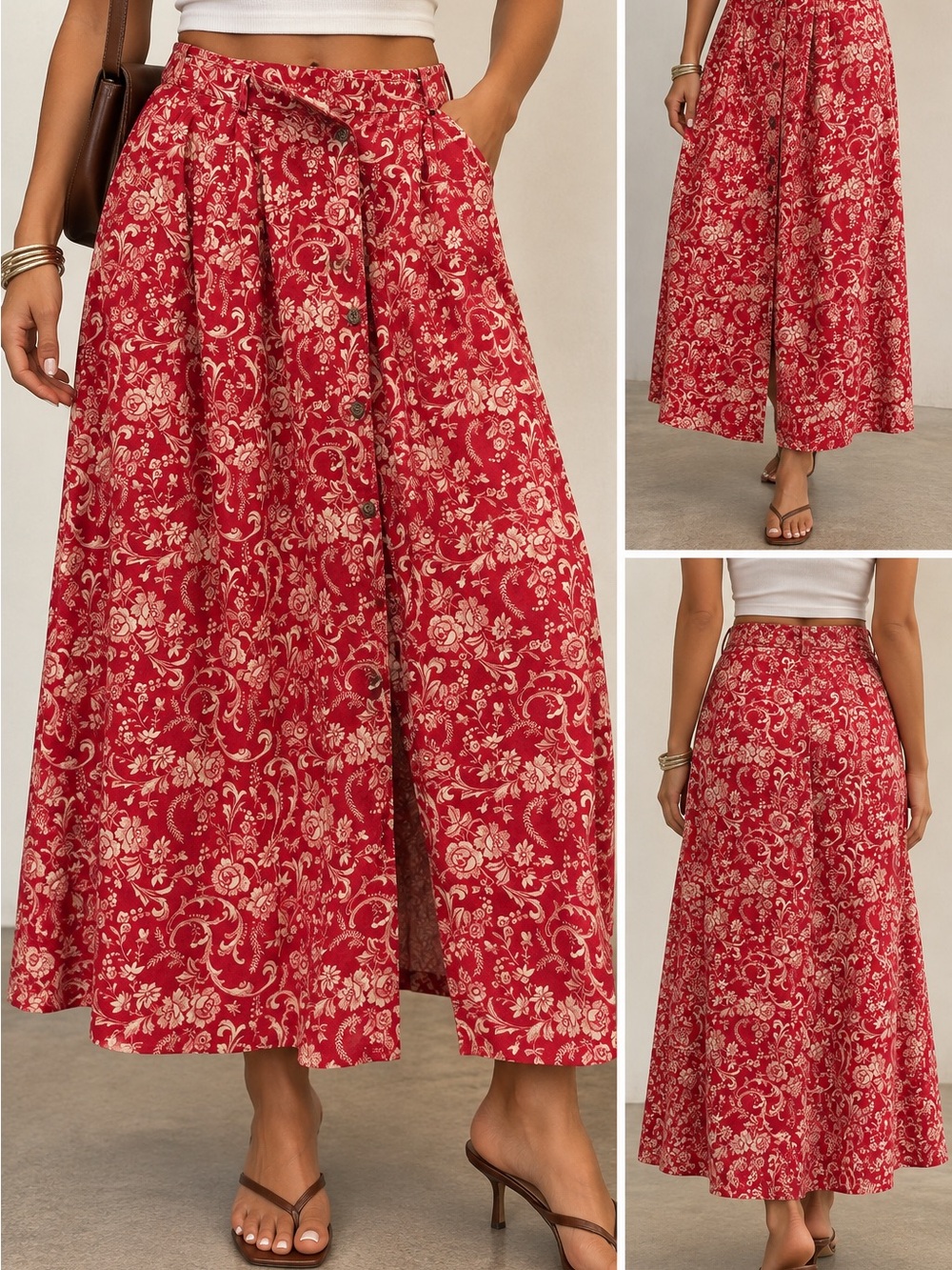 Vintage Susan Bristol Size 16 Red Floral Cotton Button Front Maxi Skirt